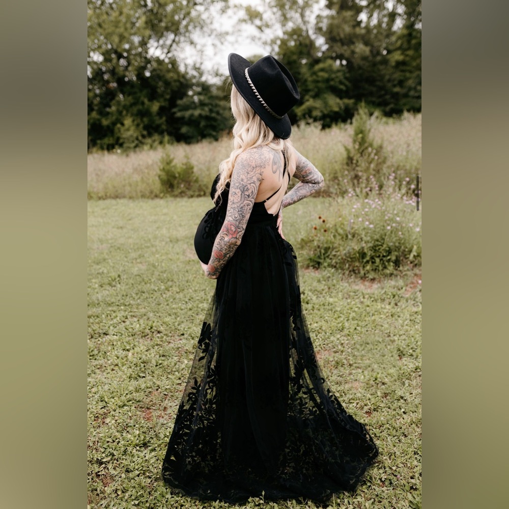 Custom Black Lace Overlay Floral Maxi Maternity Dress